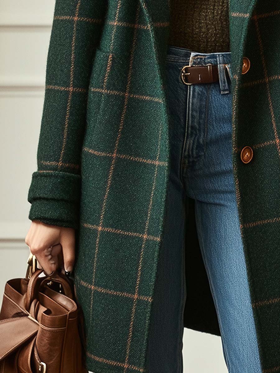 Checkered Notch Lapel Coat For Women | Elowyn