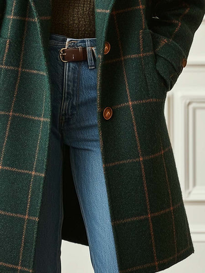 Checkered Notch Lapel Coat For Women | Elowyn