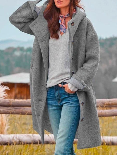 Hooded Button Front Long Coat For Women | Linnea